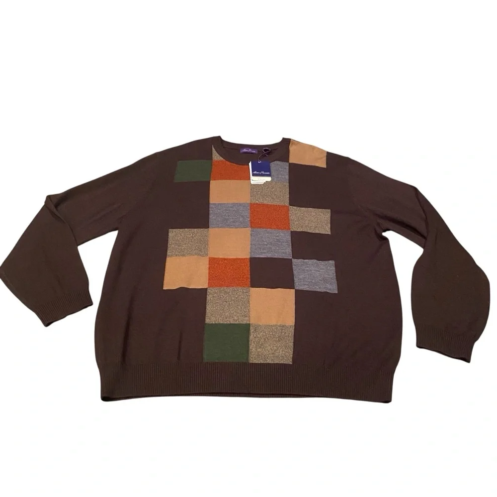 Alan Flusser Brown Argyle Sweater Crew Neck Merino Wool Preppy Classic Mens XXL